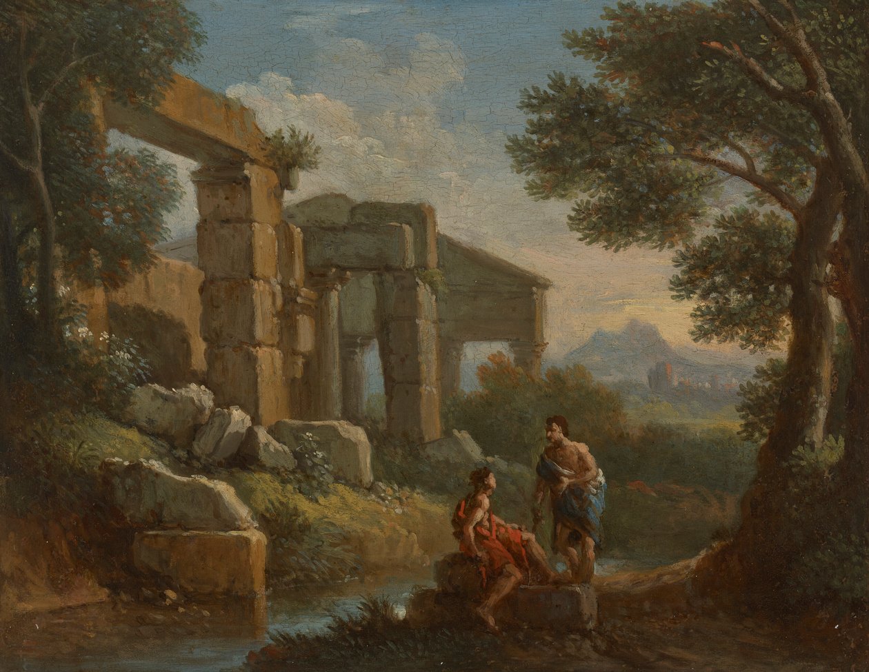 Et klassisk landskab med to figurer af Jan Frans van Bloemen