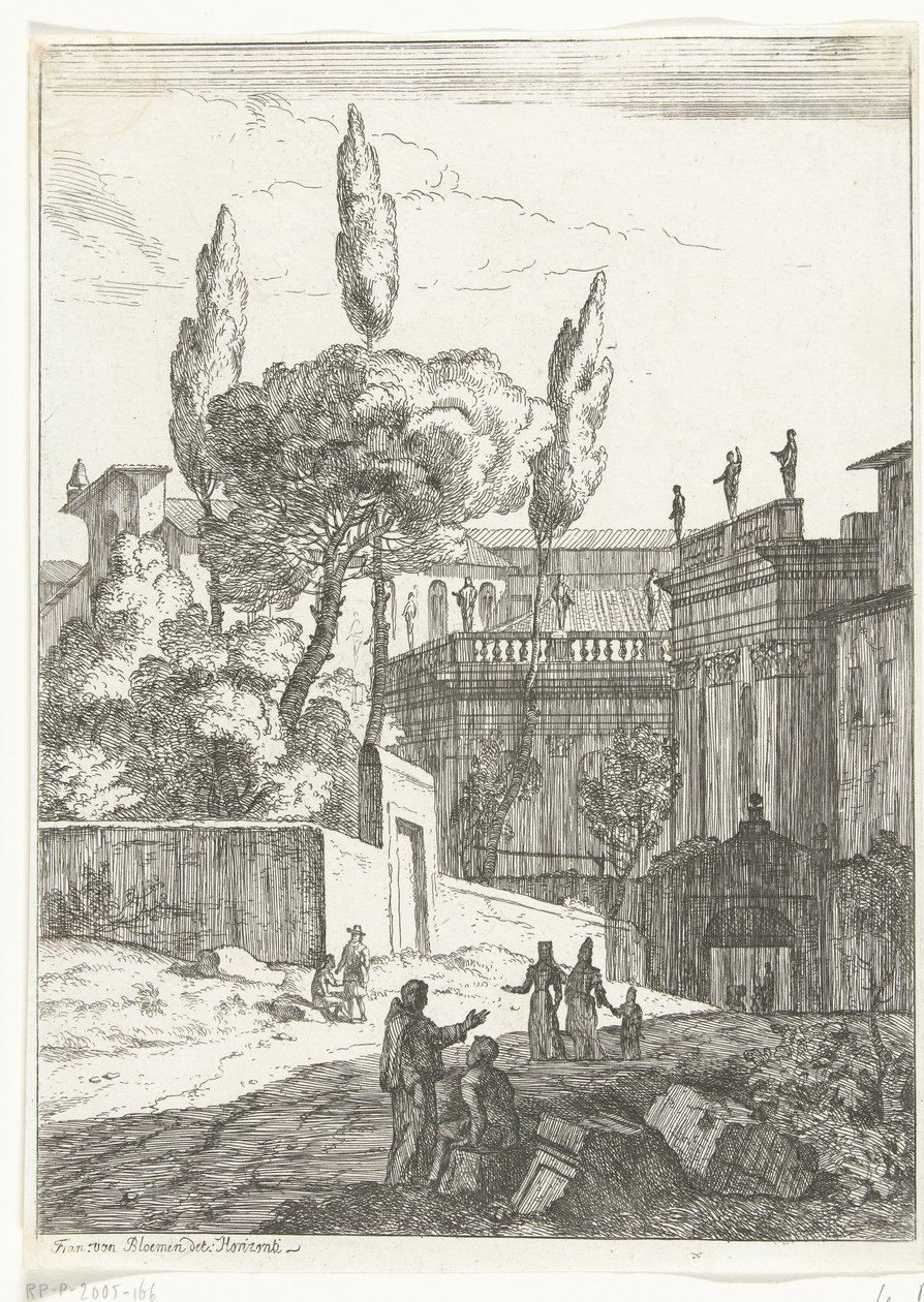 Italiensk landskab med antikke bygninger og figurer af Jan Frans van Bloemen