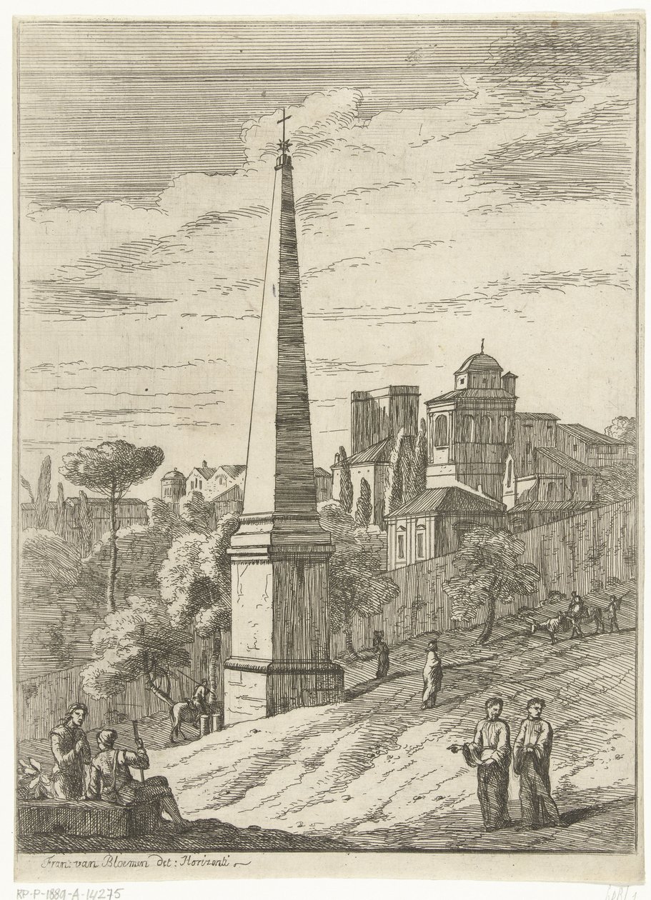 Italiensk landskab med en obelisk og udsigt over byen af Jan Frans van Bloemen