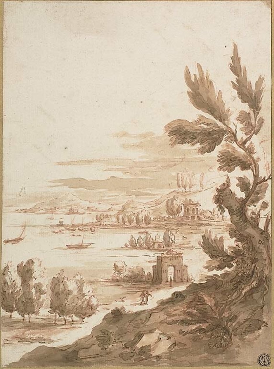 Udsigt fra bakke med udsigt over en havn af Jan Frans van Bloemen
