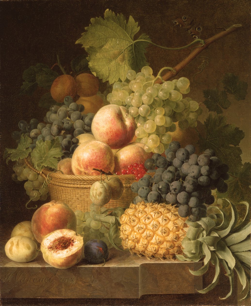 Æbler, druer, abrikoser og bær i en kurv med ananas, druer og anden frugt på en marmorkant af Jan Frans van Dael
