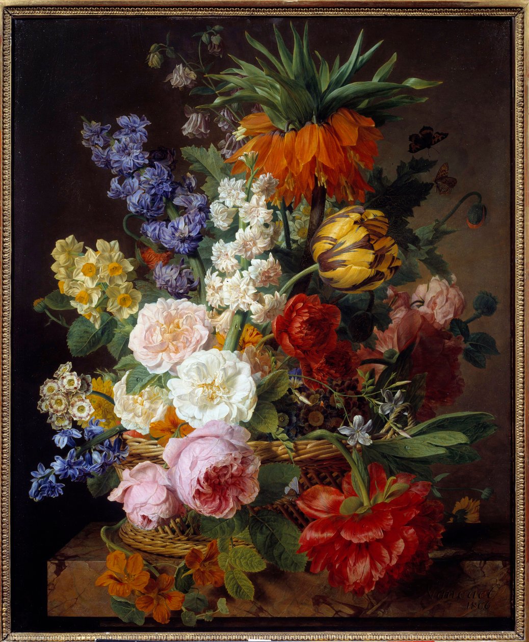 Blomster i en kurv Maleri af Jan Frans Van Dael (1764-1840) 1806 søn. 0,53x0,65 m Lyon, Musee des Beaux Arts - Blomster i en kurv. Maleri af Jan Frans van Dael (1764-1840) af Jan Frans van Dael