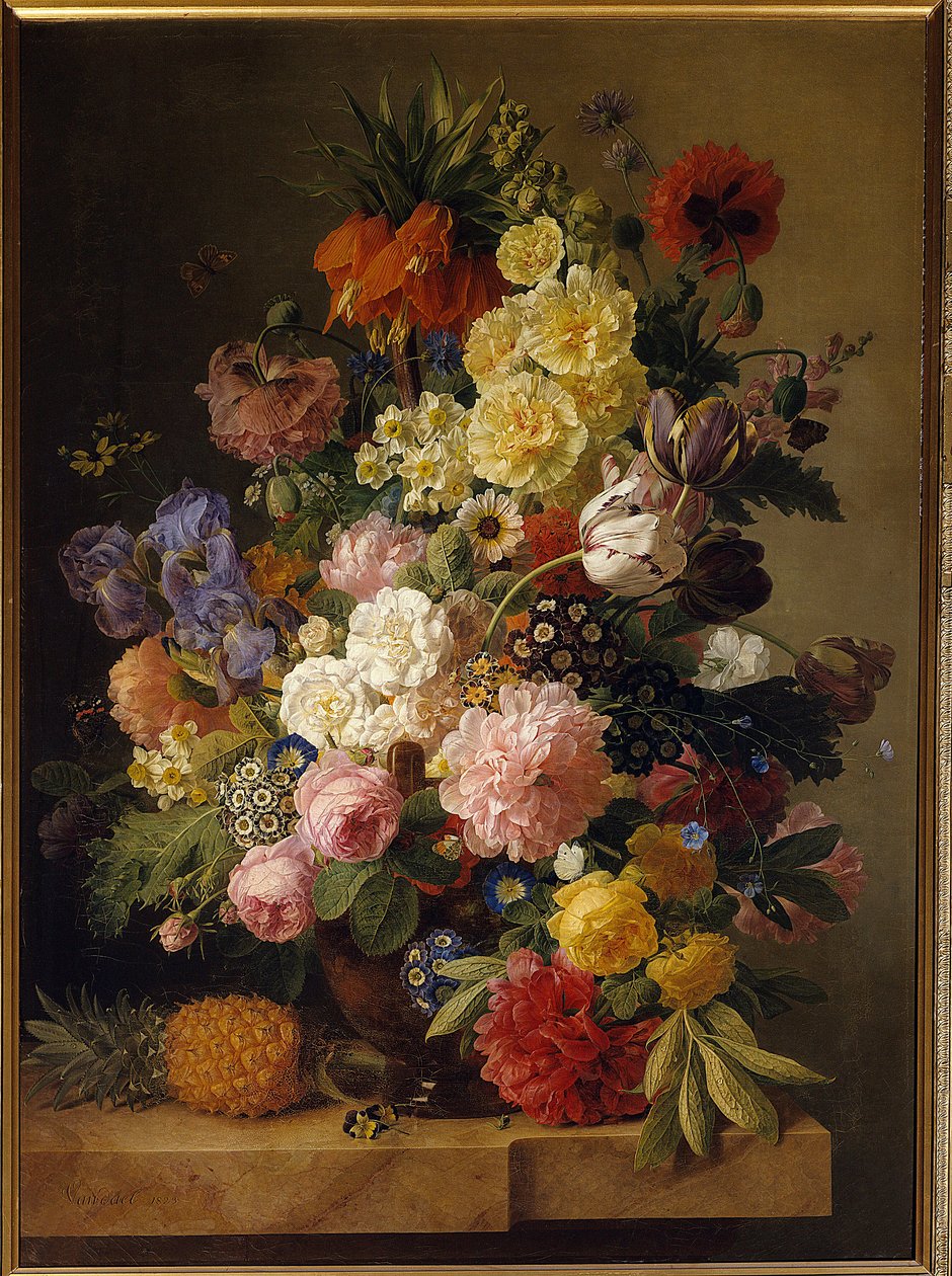 Blomster på en marmorkonsol med en ananas Maleri af Jan Frans van dael (1764-1840) (ec.flam.) 1800-tallets Fontainebleau. Musee du Chateau - Blomster på en marmorkonsol med en ananas. Maleri af Jan Frans van Dael (1764-1840) (Flamsk Skole). 19t af Jan Frans van Dael