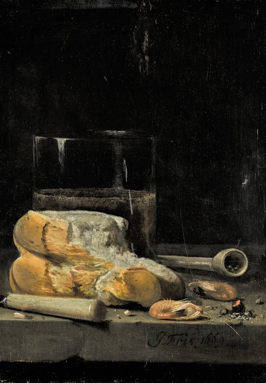 Stilleben af brød, rejer, en pibe og et glas øl arrangeret på et bord af Jan Fris