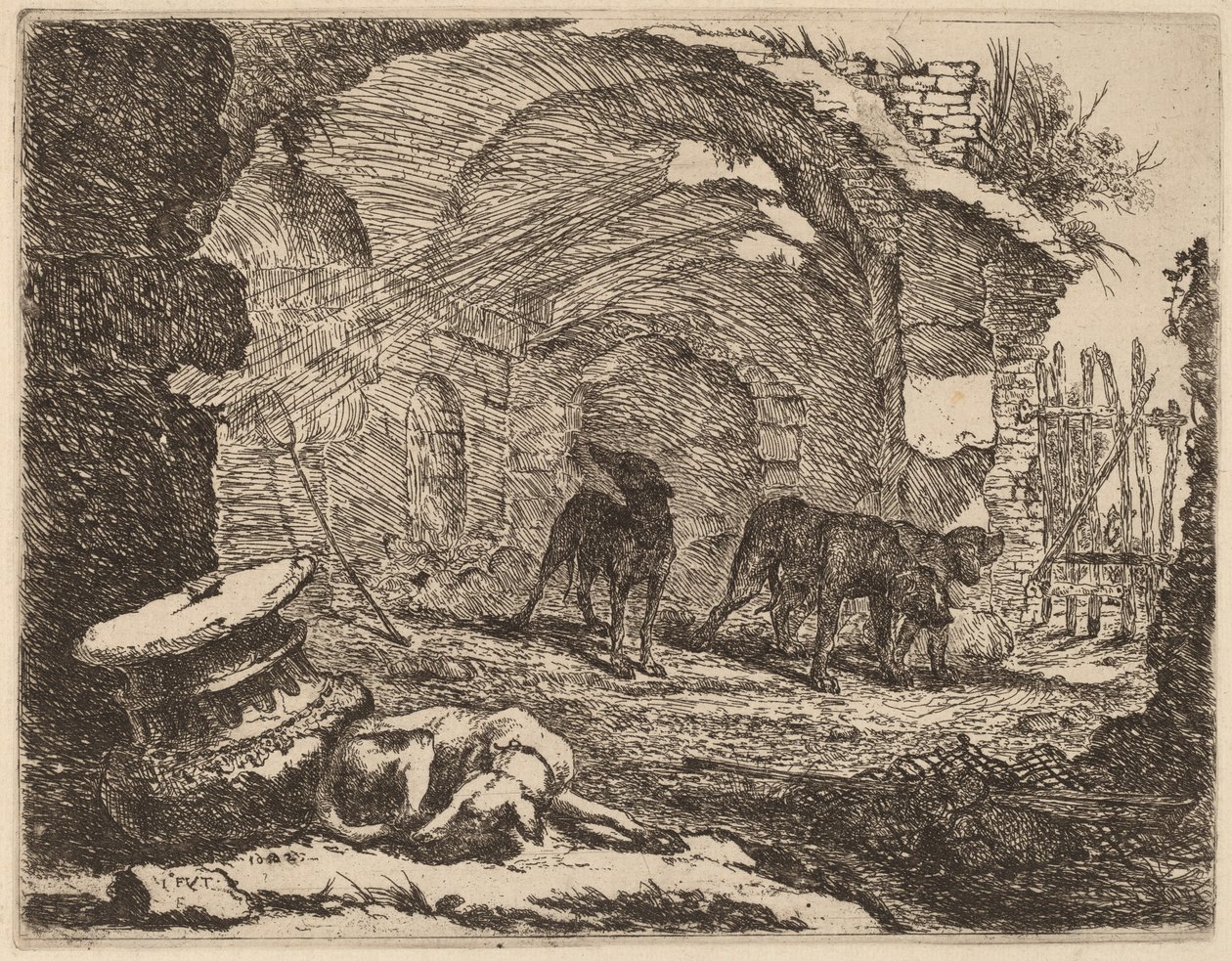 Fire hunde, en sover ved siden af en hovedstad af Jan Fyt
