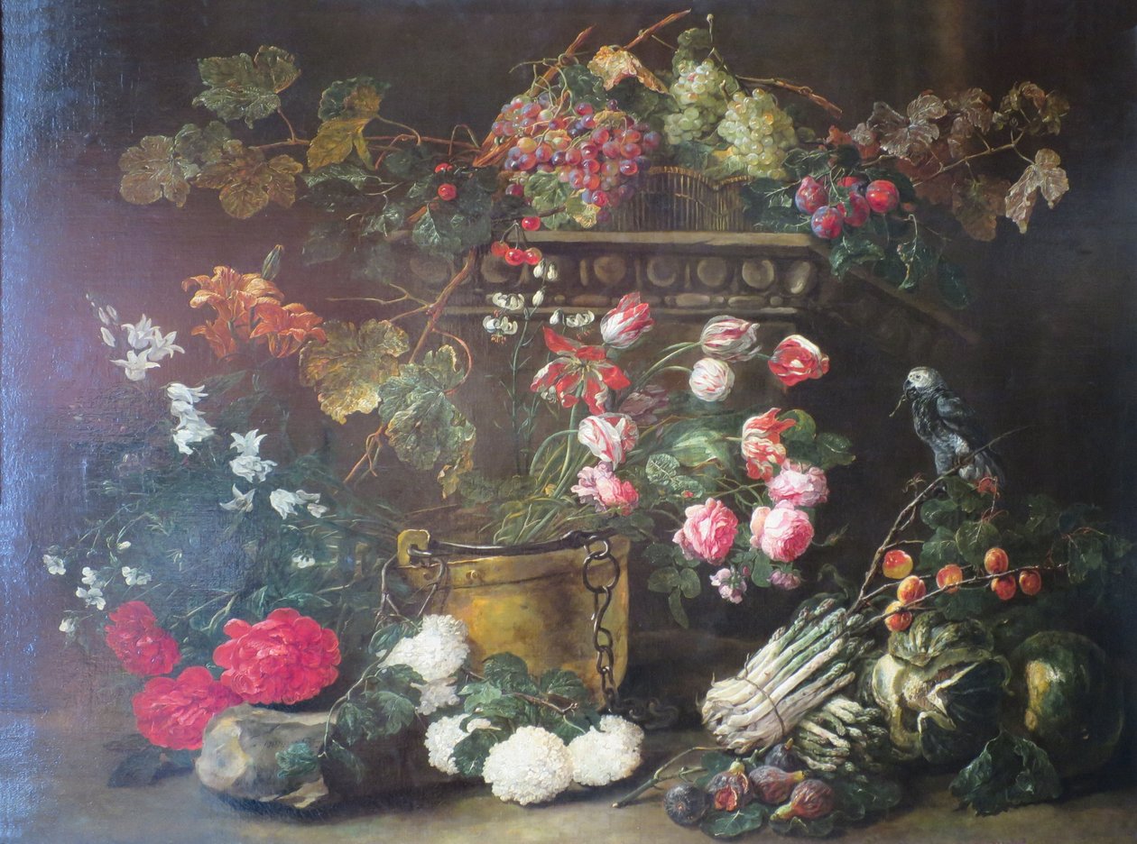 Stilleben med blomster, frugt og en papegøje af Jan Fyt