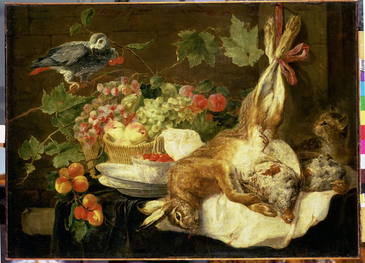 Stilleben med hare, frugt og papegøje, 1647 af Jan Fyt