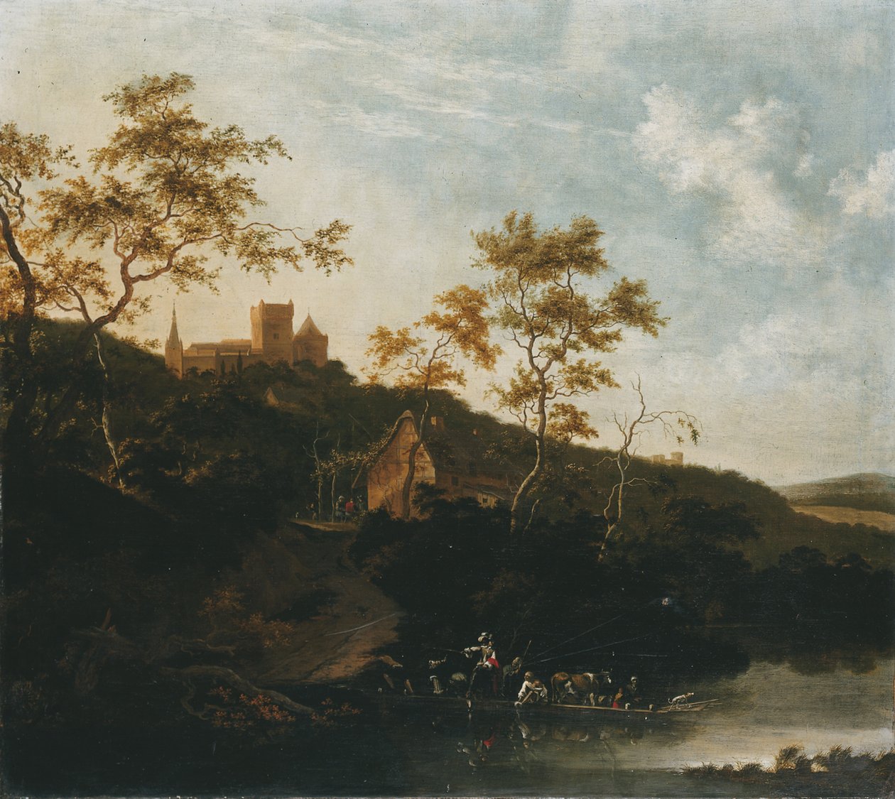 Et flodlandskab med en gentleman til hest og bønder i en færge, en taverna under et slot bagved af Jan Gabrielsz. Sonje