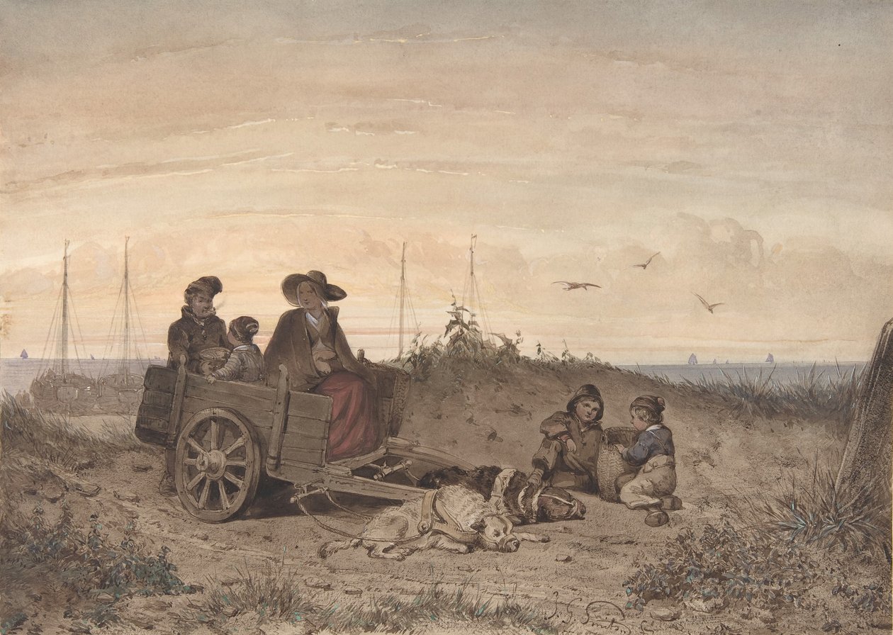 En fiskers familie ved stranden, moderen og et af børnene, der sidder i en vogn, 1855. af Jan Gerard Smits