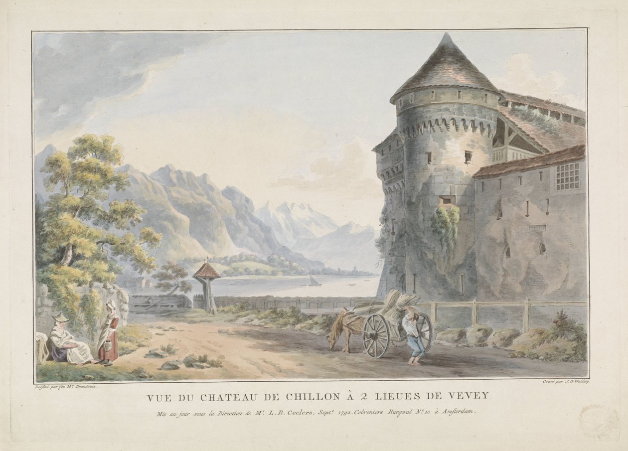 Udsigt over Chillon kasteel Slot Vue du Chateau de Chillon à 2 lieues de Vevey (titel på objekt) af Jan Gerard Waldorp