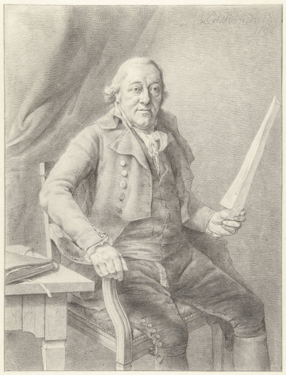 Portræt af Reinier Vinkeles I, siddende i en stol med et ark papir i hånden af Jan Gerard Waldorp