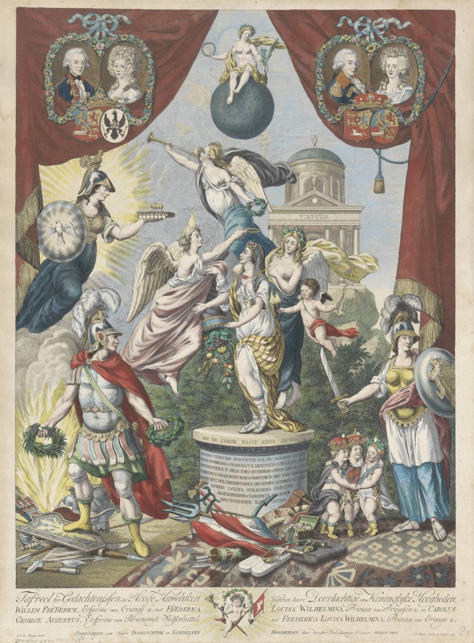 Sætning om ægteskaberne mellem sønnen og datteren af ​​William V, 1790-1791 Bord til minde om de høje ægteskaber mellem (...) Willem Frederick, arveprins af Orange &, med Frederica Louisa Wilhelmina, Princes van Pruyssen &, og Carolus George Aug af Jan Gerritsz. Visser