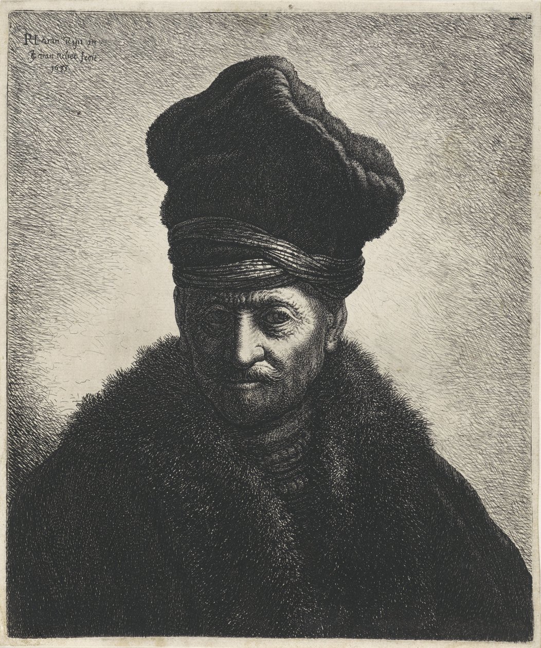Buste af en mand med pelshat Tronies efter Rembrandt (serietitel) af Jan Gillisz. van Vliet
