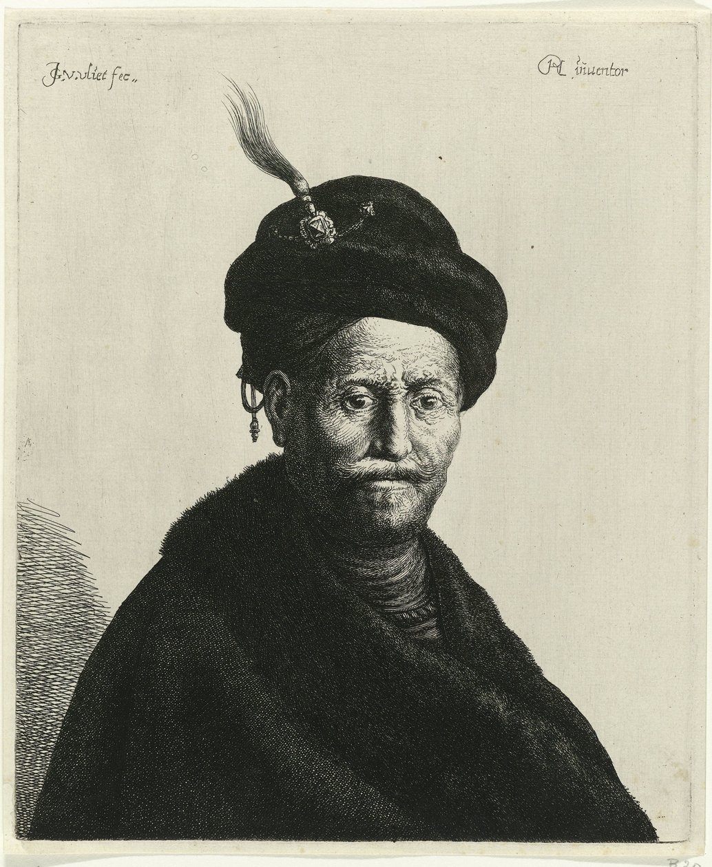 Buste af en mand iført turban Tronies efter Rembrandt (serietitel) af Jan Gillisz. van Vliet
