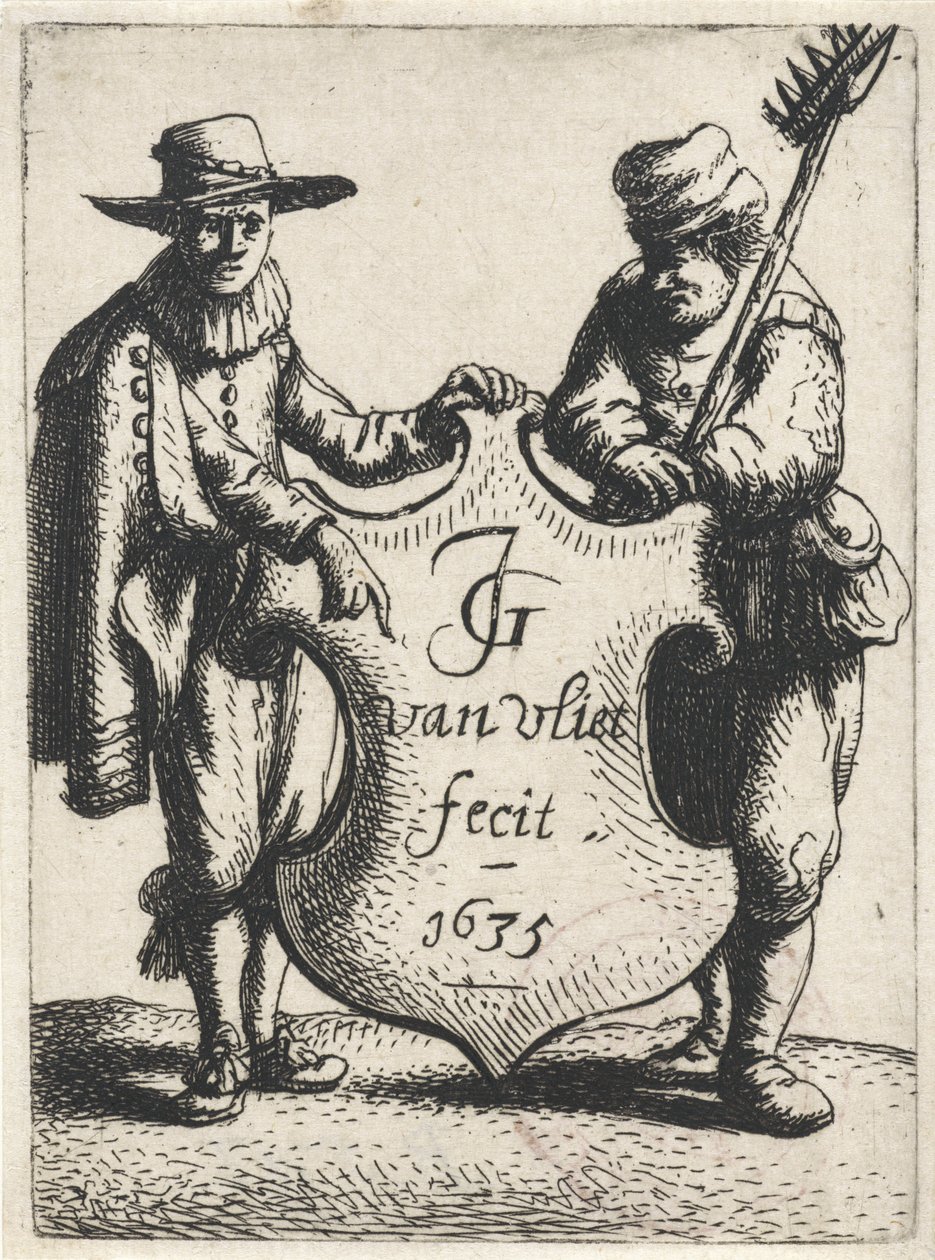 Elegant mand og en skorstensfejer nær et våbenskjold Stående figurer (serietitel) af Jan Gillisz. van Vliet