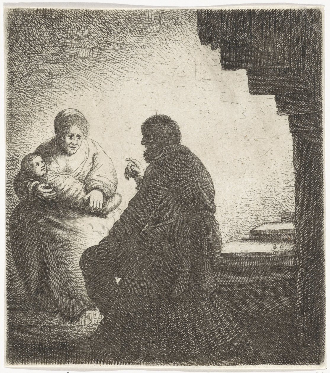 Familie sidder ved en vindeltrappe af Jan Gillisz. van Vliet