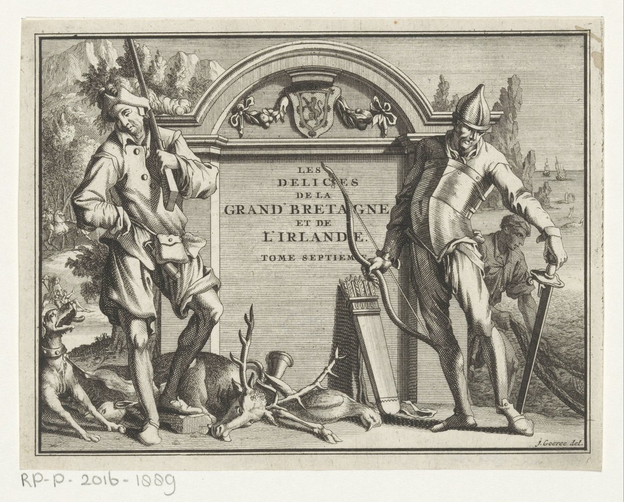 Twee jagers til arkitektoniske omgivelser Titelside for: James Beeverell, The delights of Great Britain and Ireland, bind syv, 1707 af Jan Goeree (possibly)