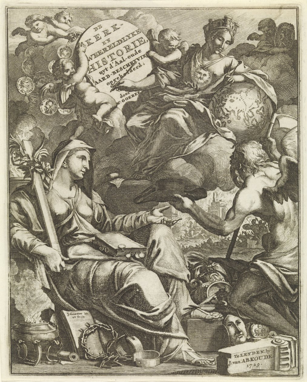 Allegori over kirkens og verdenshistorien Titelside til Willem Goeree, De kerklyke en Weereldlyke historien. 1729 Kirken og verdenshistorien uyt d