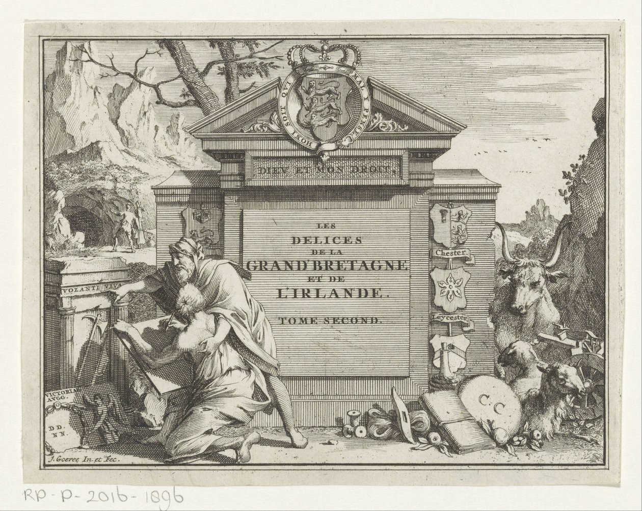 Mand peger på at trække ung mand til en ruin Titelside for: James Beeverell, Les delices de la Grand