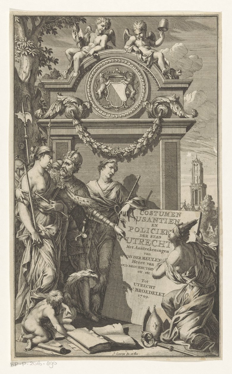Retfærdigheden lærer Utrechts love Costumen Usantien og politibetjent i byen Utrecht (titel på objektet) Titelside for Willem Van der Meulen, Costumen, usantien, policien ende style van literen, der Stadt Utrecht, 1709 af Jan Goeree