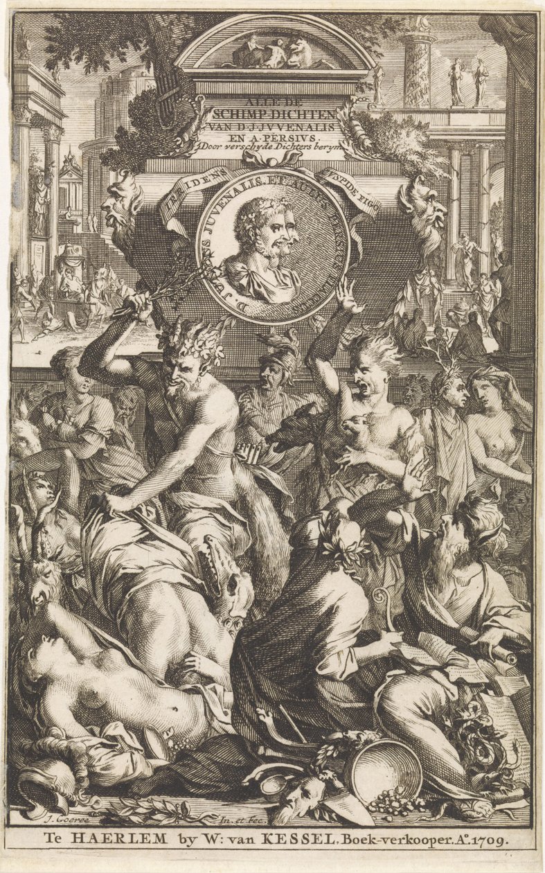 Roms bacchanal Titelside for Decius Junius Juvenalis en Aulus Persius Flaccus, Alle de schimpdichten, 1709 Alle de schimpdichten D.J.Jvenalis en A. Persivs door verschyde dichters berymt (titel på objekt) af Jan Goeree