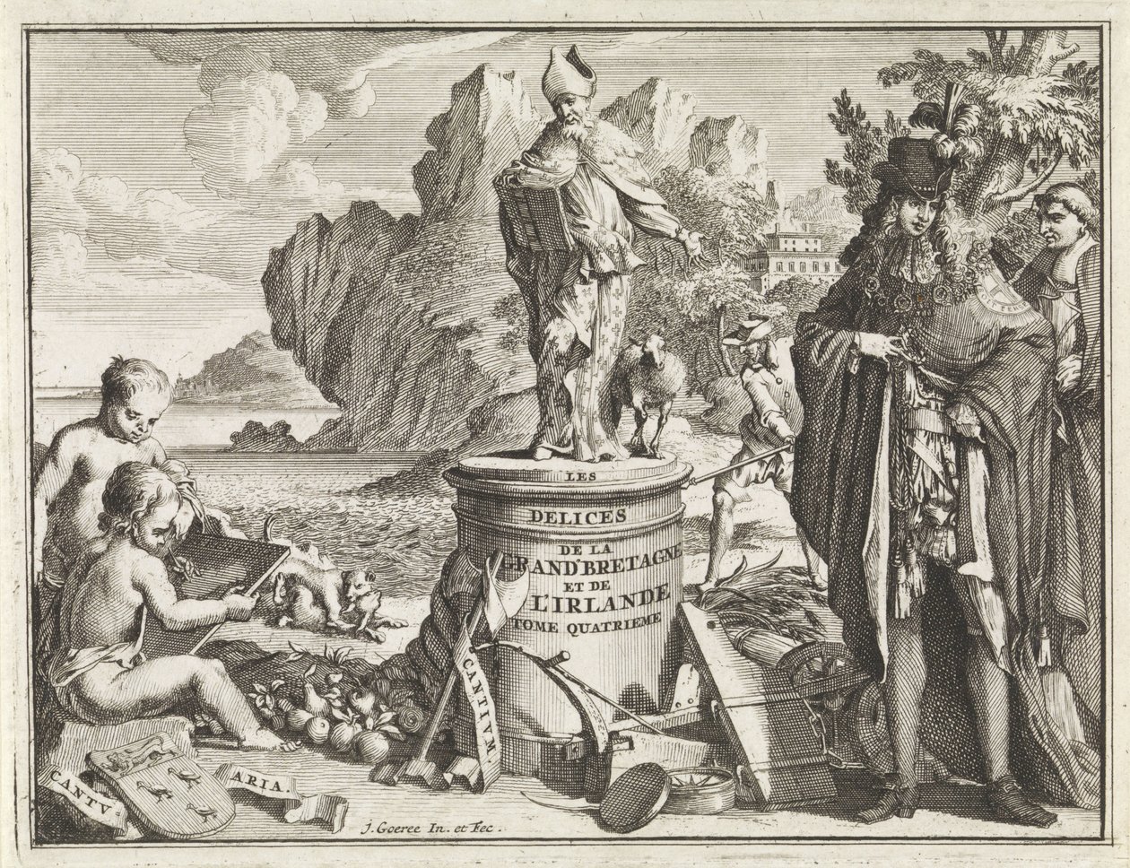 Voetstuk met de heilige Thomas Becket Titelpagina voor J. Beeverell, The delights of Great Britain and Ireland, deel 4, 1707 Fornøjelserne i Storbritannien og Irland (titel på objekt) af Jan Goeree