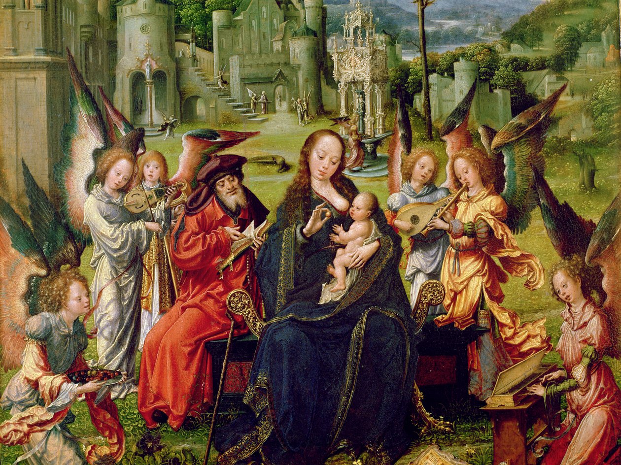 Englemusikanter, detalje af et centralt panel i en triptychon, der viser den hellige familie med den hellige Katarina og den hellige Barabara (olie på træ) af Jan Gossaert