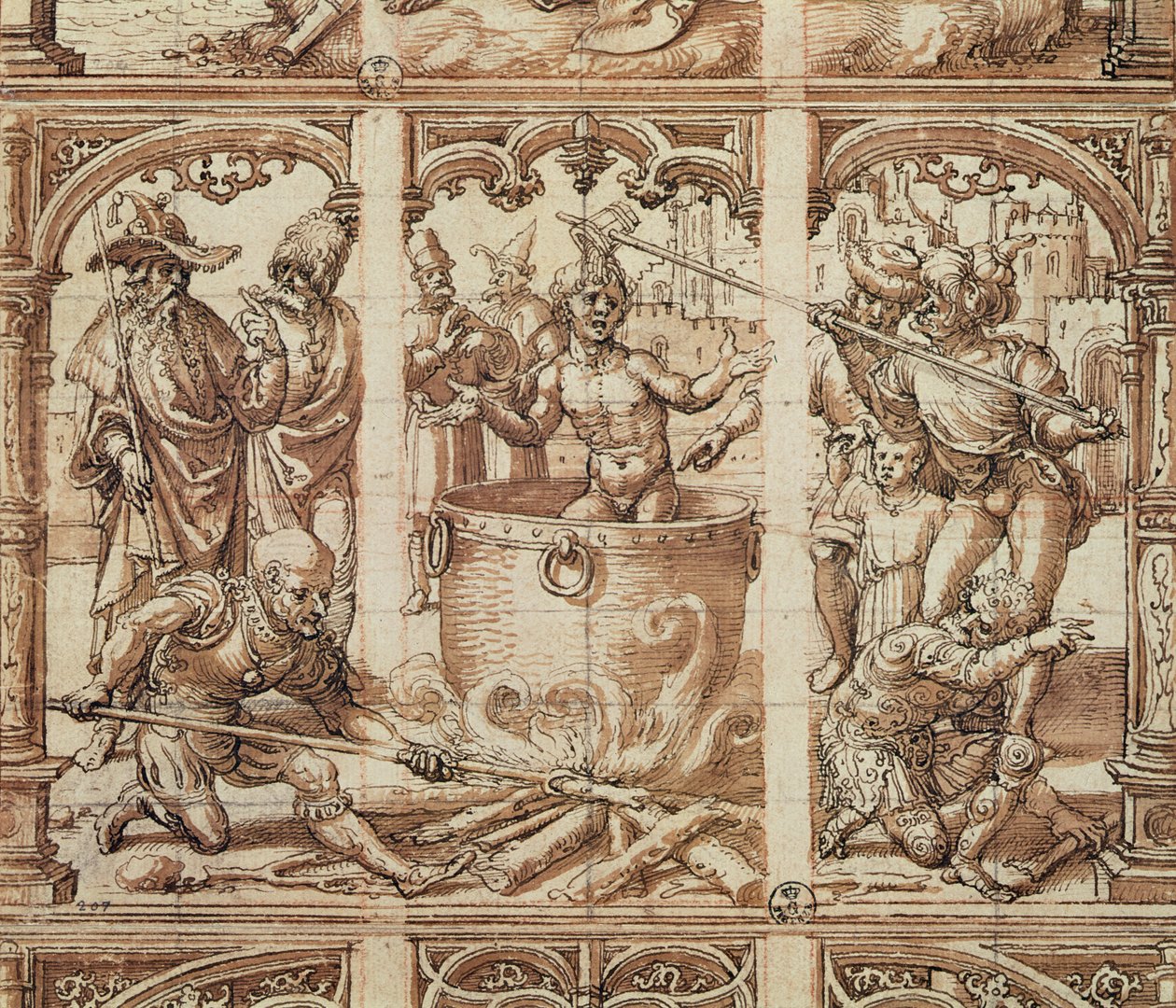 Sankt Johannes evangelistens martyrium (vask på papir) af Jan Gossaert