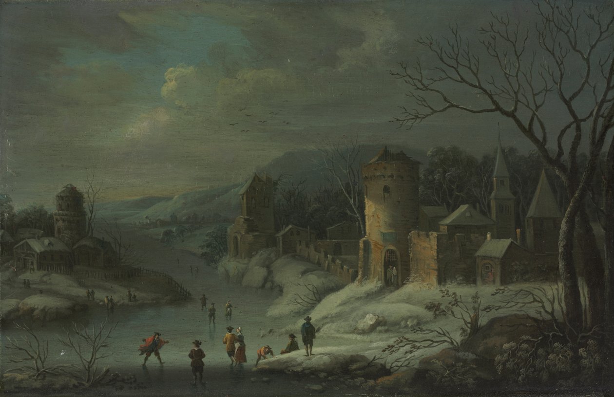 Vinterlandskab, ca. 1680-1718 (olie på kobber, monteret på træ) af Jan Griffier