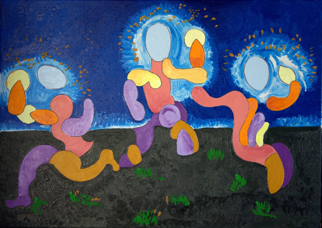 I de varme nætter i juni fejrer troglodyterne Fire, 2009 (olie på lærred) af Jan Groneberg