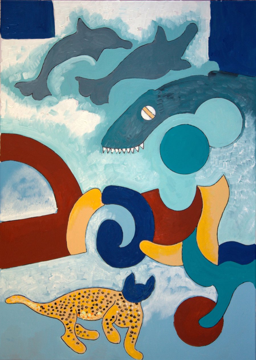Leoparden har et blåt hoved, 2009 (olie på lærred) af Jan Groneberg