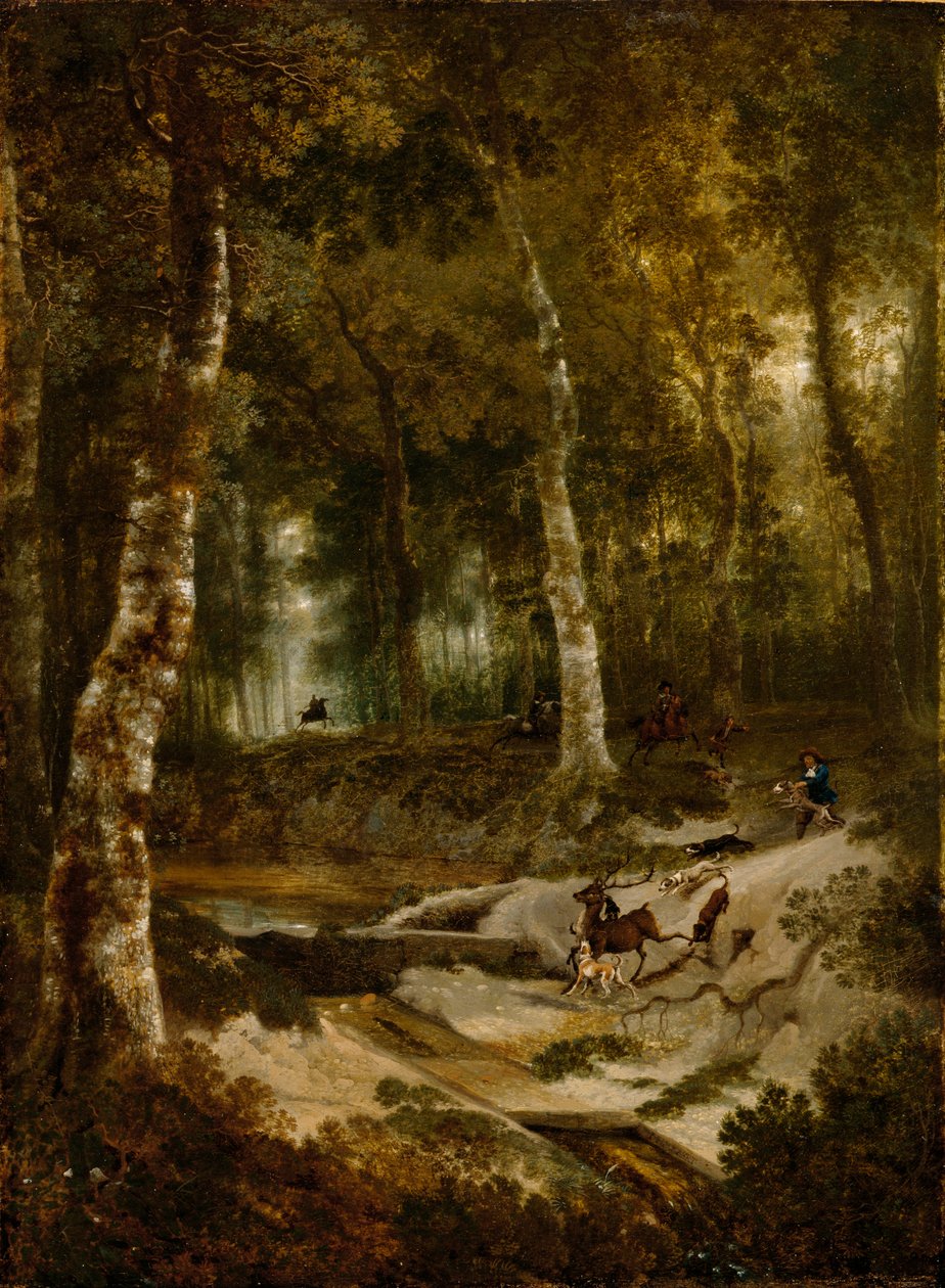 Skovlandskab med hjortejagt, ca.1665 af Jan Hackaert