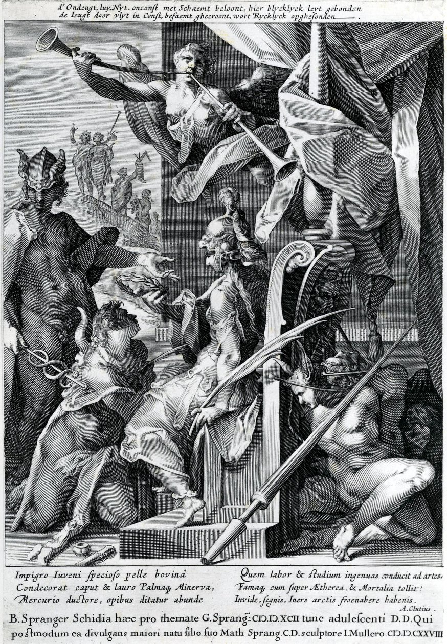 Mercury og Minerva bevæbner en helt med et tyreskind og en laurbærkrans, 1604 af Jan Harmensz Muller
