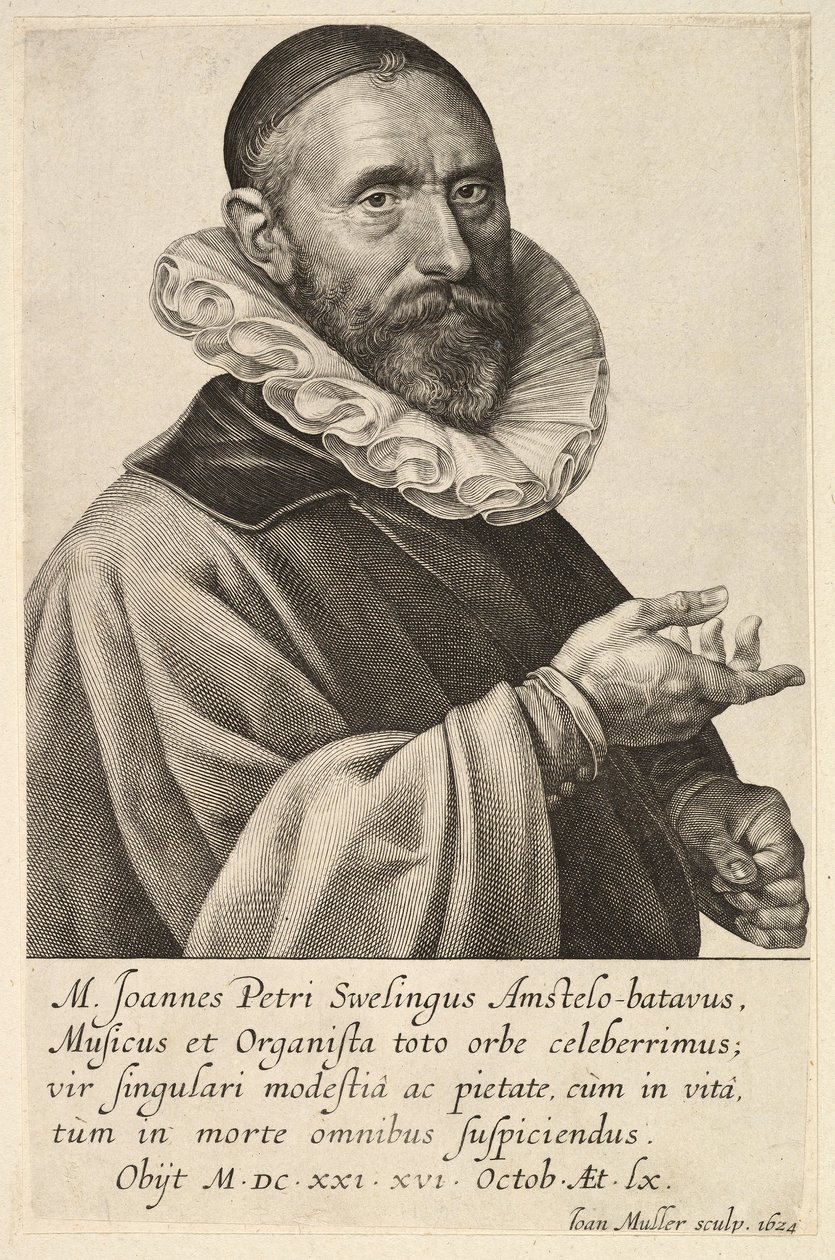 Portræt af Jans Pietersz Sweelinck, pub. 1624 (gravering) af Jan Harmensz Muller