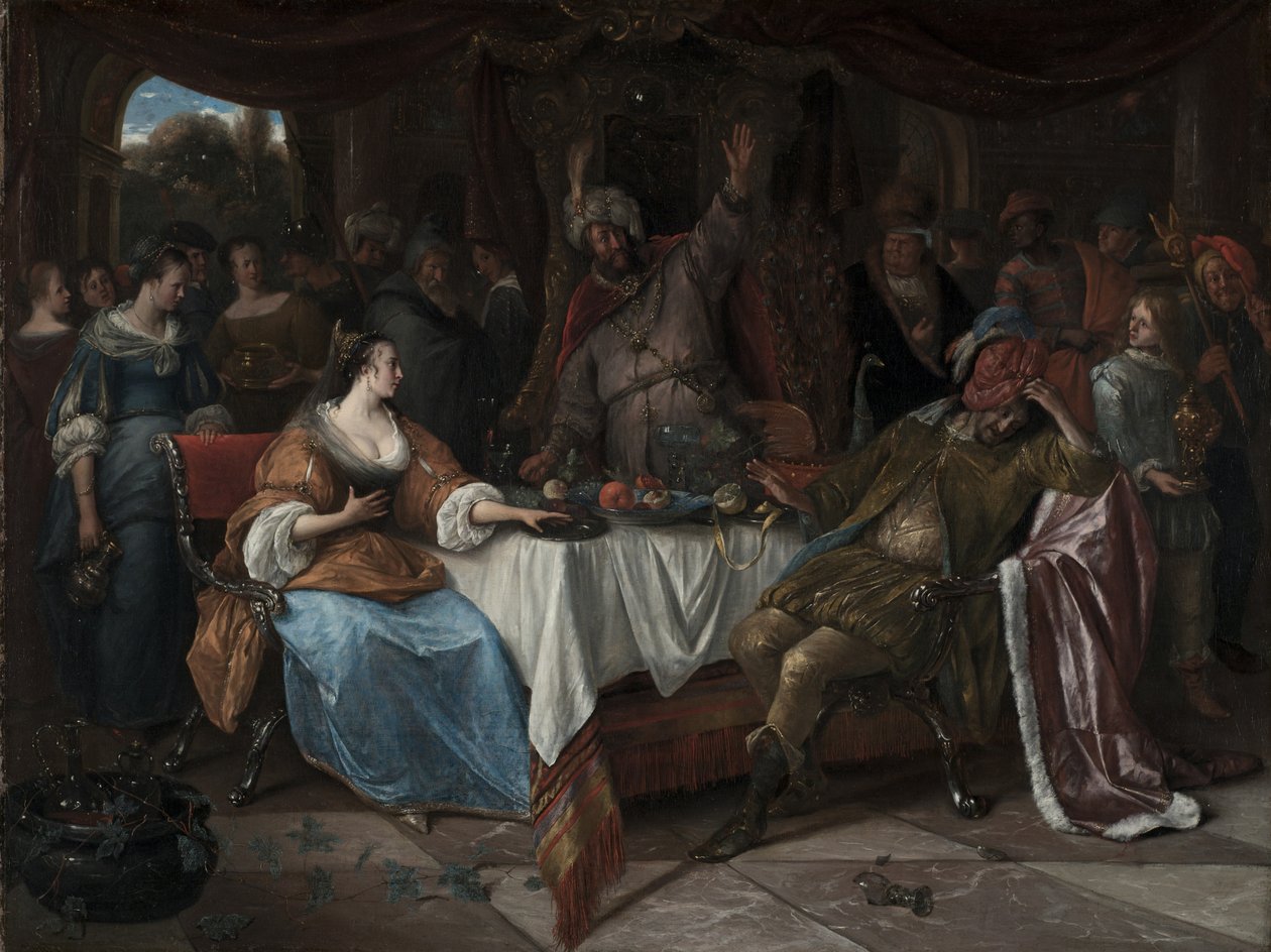 Esther, Ahasverus og Haman, ca. 1668 af Jan Havicksz. Steen
