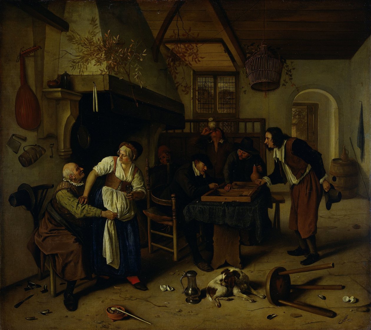 Interiør af en kro med en gammel mand, der morer sig med værtinden og to mænd, der spiller backgammon, kendt som 