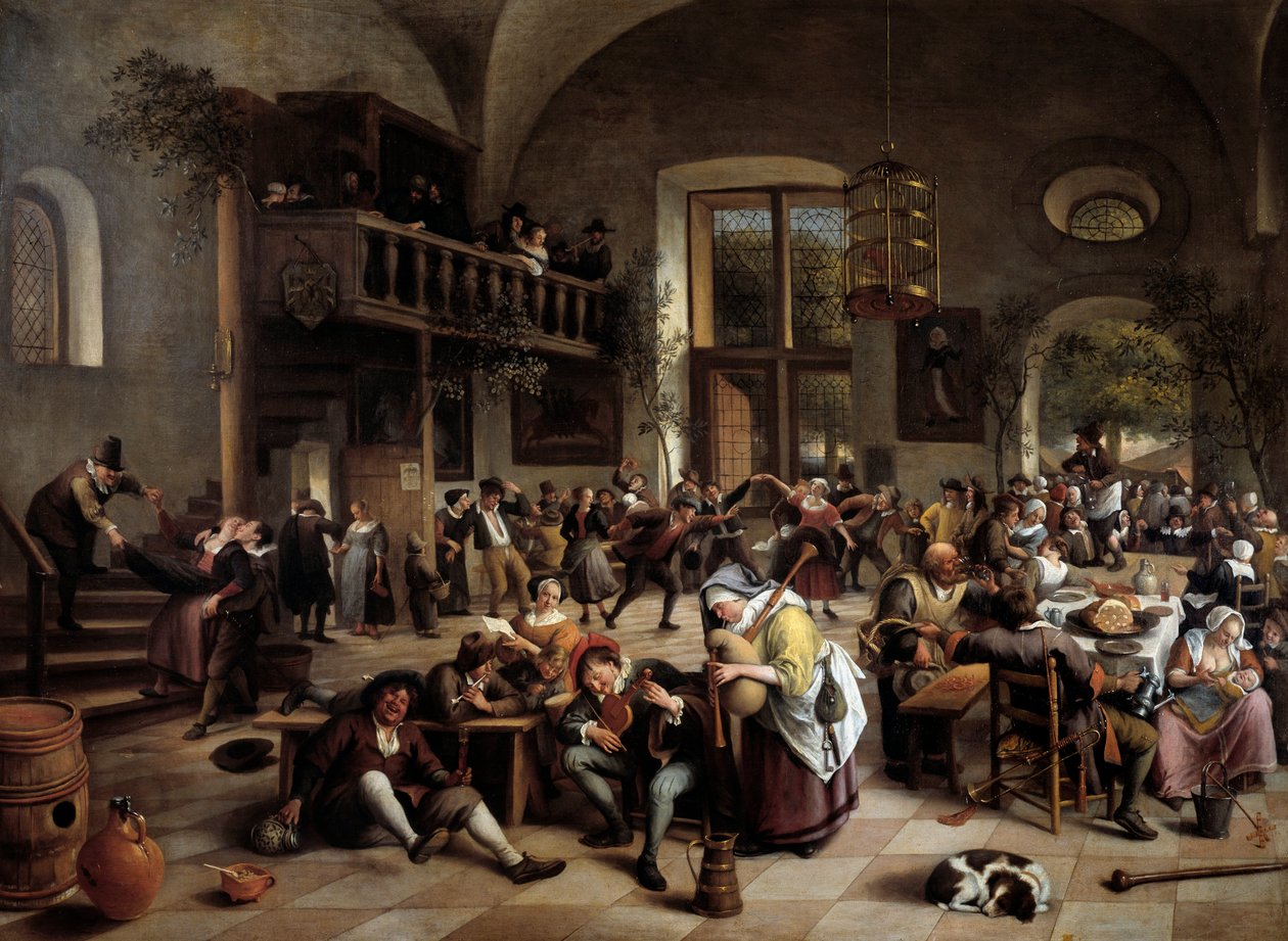 Fest i en kro Musikere, spillere, mænd og kvinder af drikkende mennesker - Maleri af Jan Havicksz (Havicksz) Steen (1626-1679) af Jan Havicksz. Steen