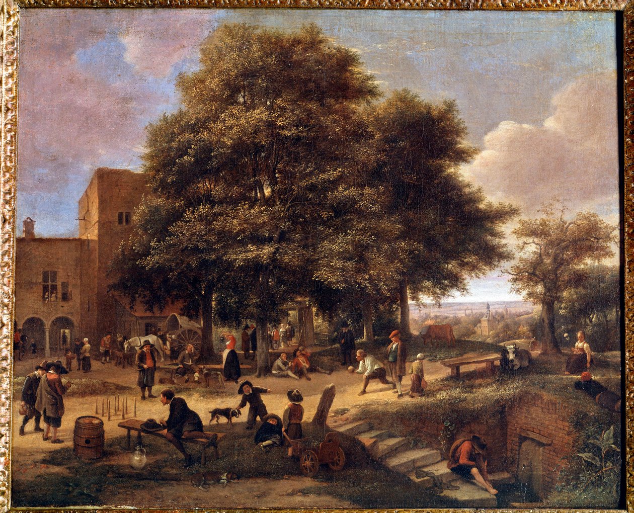 Spillet bowling Gruppe af bønder, der leger og hviler i en gårdhave. Maleri af Jan Steen (1626-1679) af Jan Havicksz. Steen