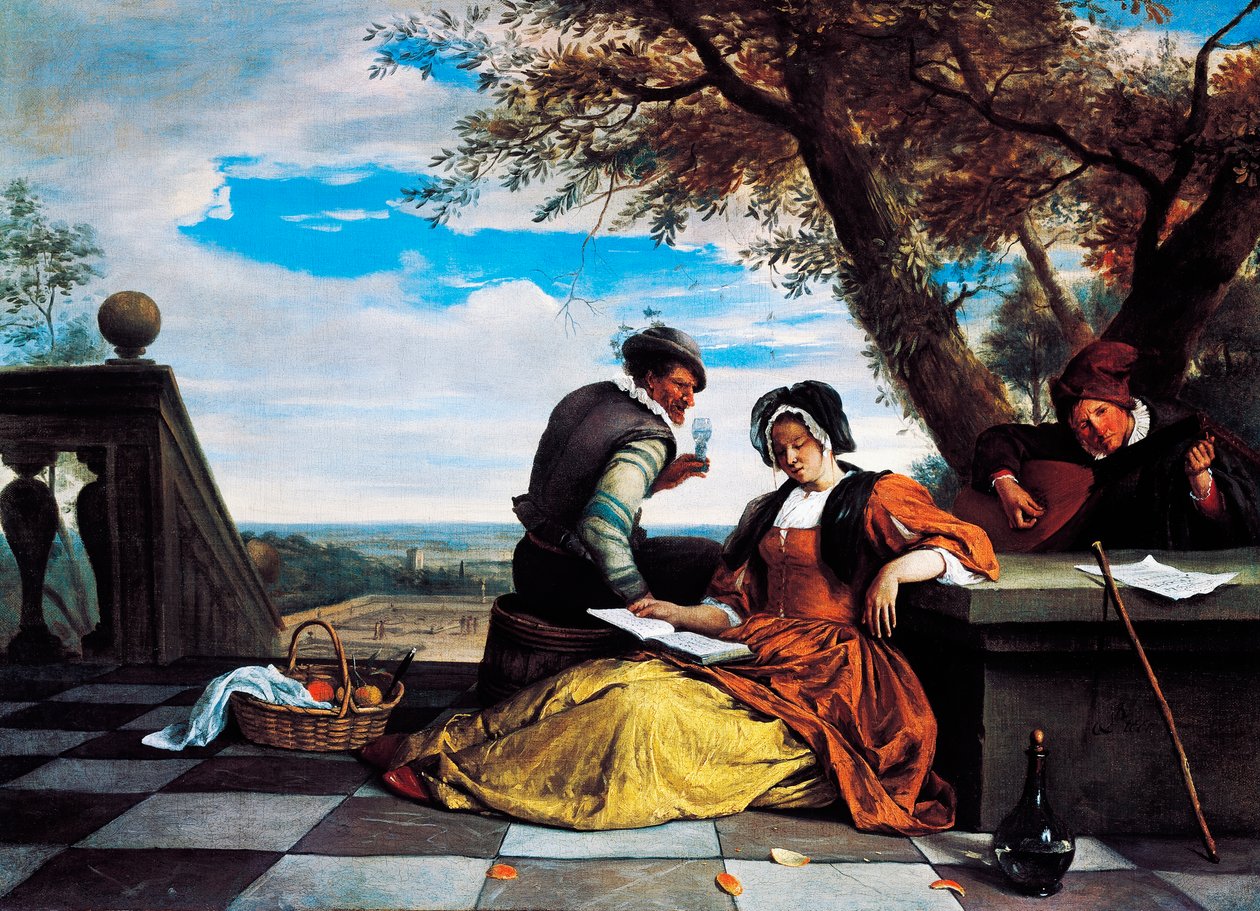 To mænd og ung kvinde laver musik på terrassen af Jan Havicksz. Steen