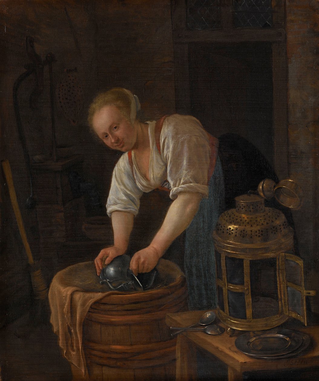 Kvinde skurer metalvarer af Jan Havicksz. Steen