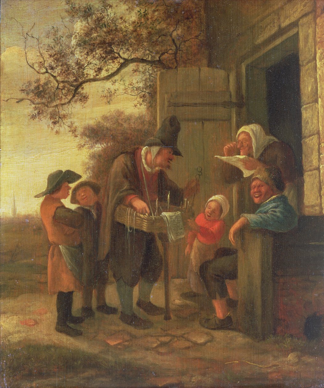En kram, der sælger briller uden for et sommerhus, ca. 1650-53 (panel) af Jan Havickszoon Steen