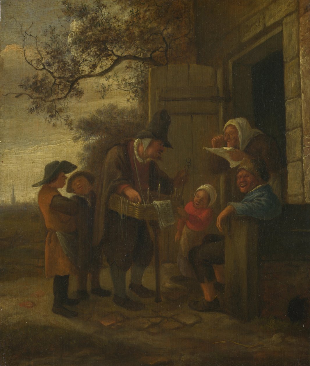 En kram, der sælger briller uden for et sommerhus, ca. 1653 af Jan Havickszoon Steen