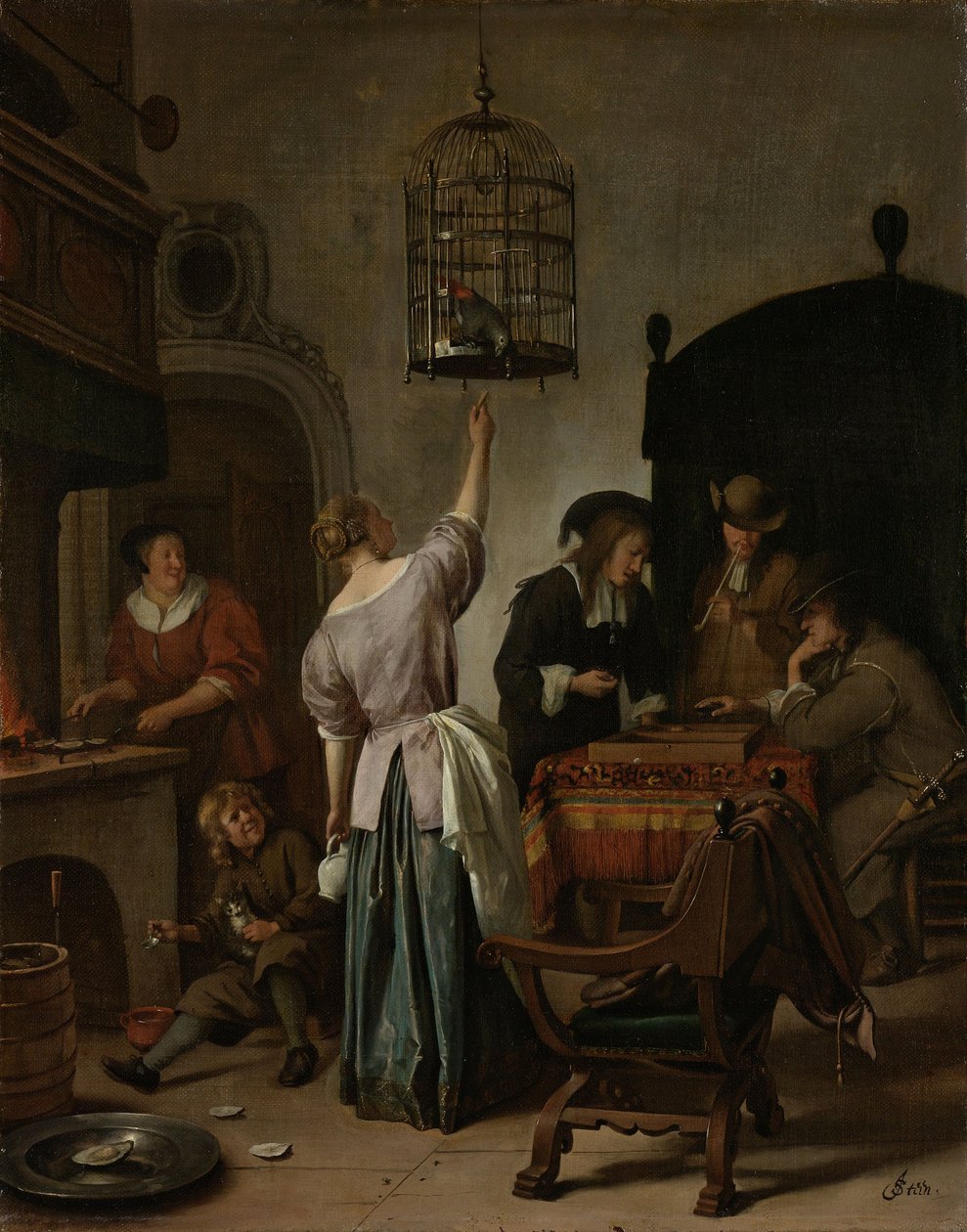 Interiør med en kvinde, der fodrer en papegøje, kendt som "Papegøjeburet", ca. 1660-70 (olie på lærred på panel) af Jan Havickszoon Steen