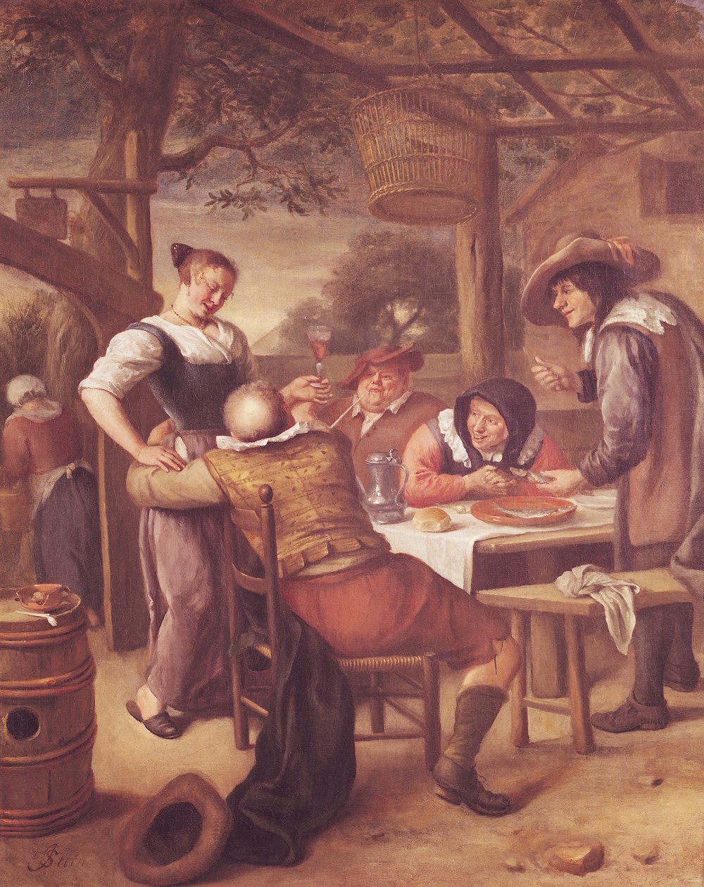 Glædeligt selskab under en krybbe af Jan Havickszoon Steen