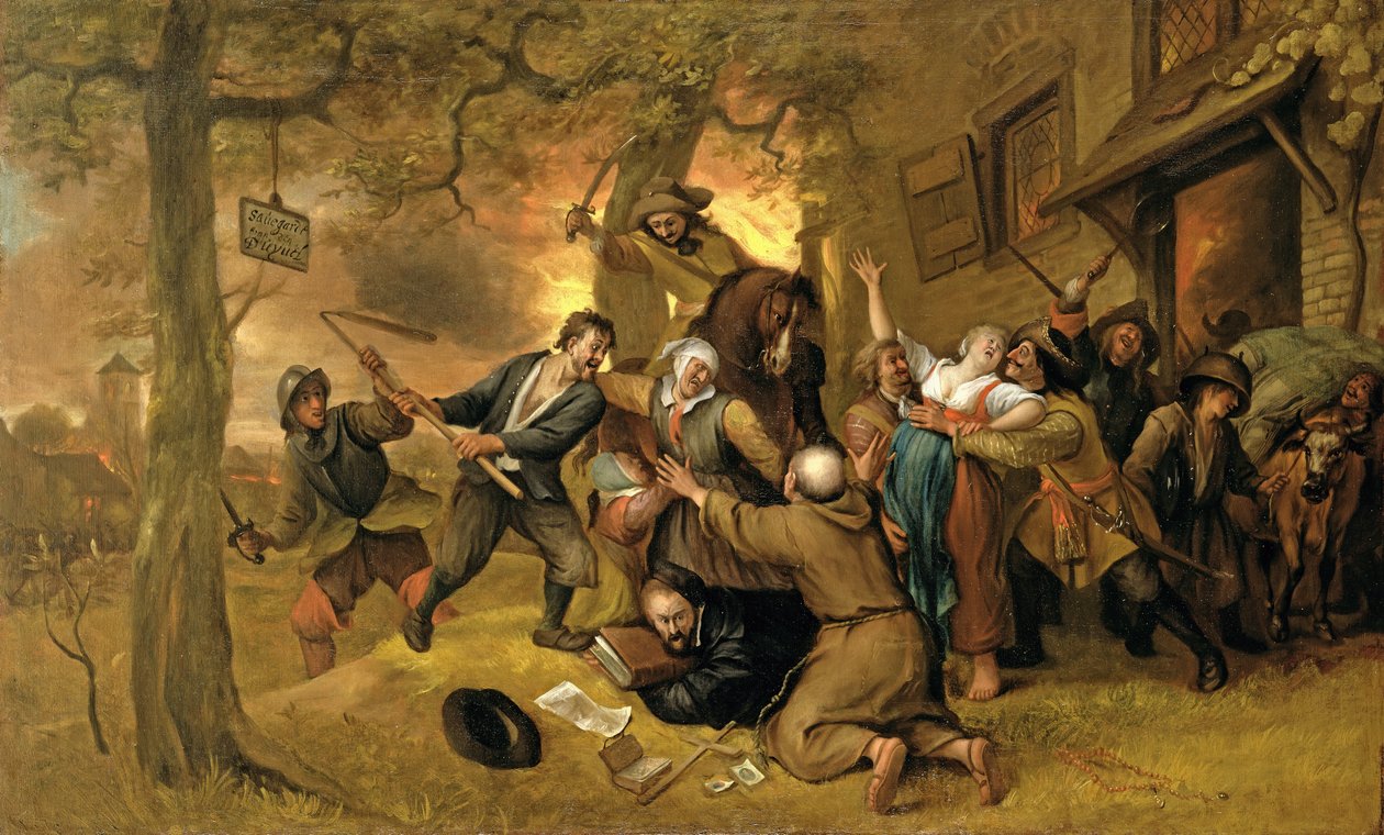 Bønder og soldater uden for et værtshus - en allegori om voldtægten i Holland af Jan Havickszoon Steen