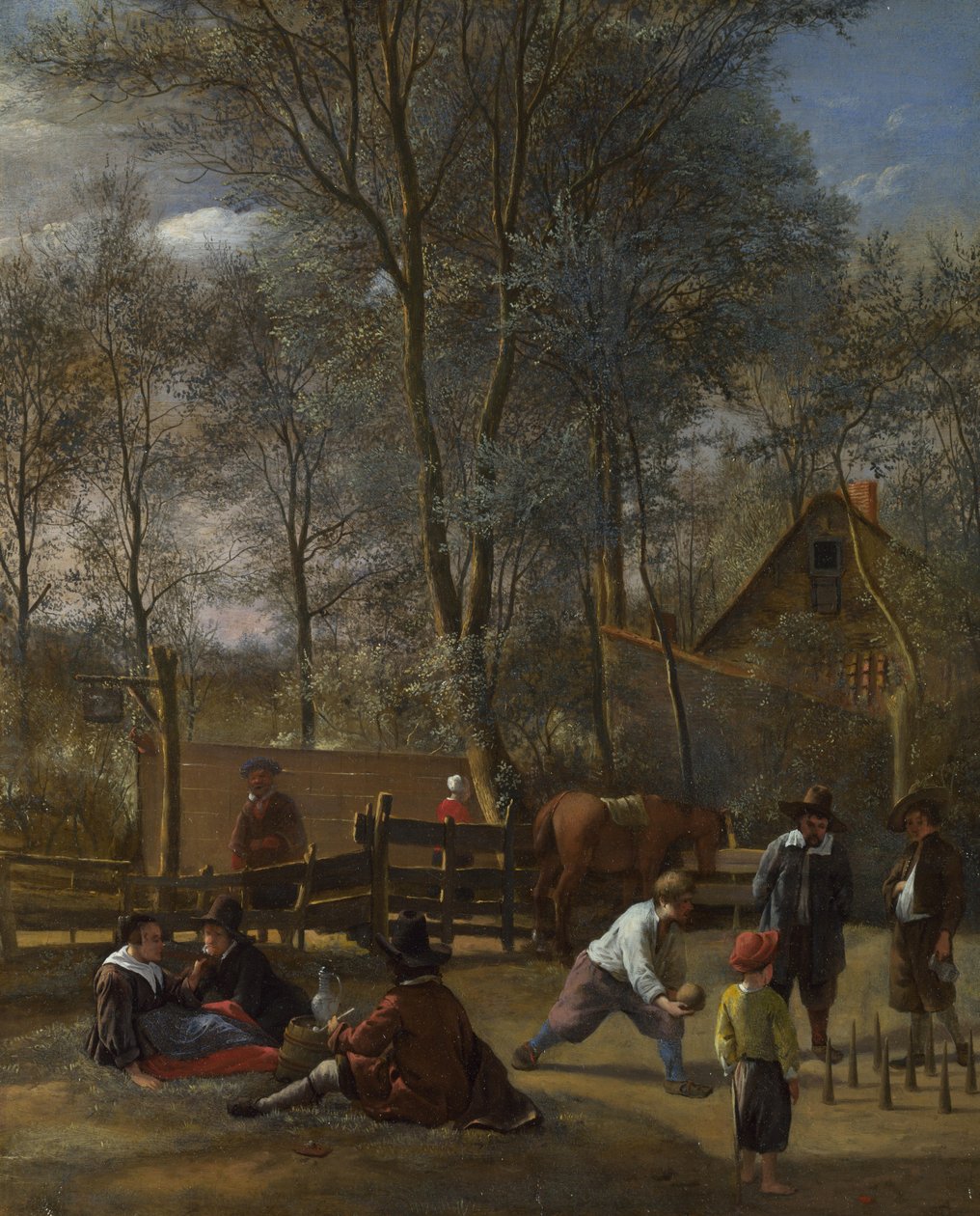 Keglespillere uden for en kro, ca. 1660-63 af Jan Havickszoon Steen