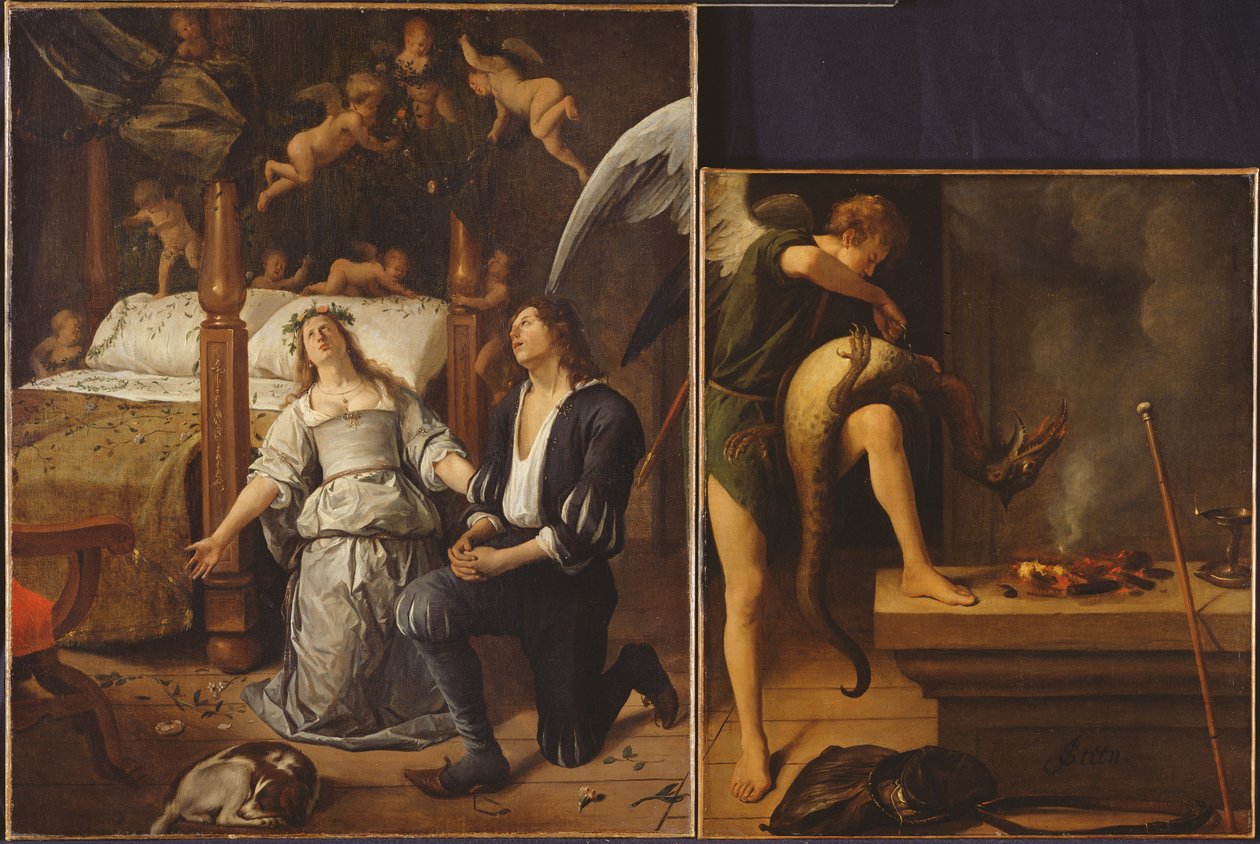 Tobias og Sarah med ærkeenglen Raphael, der uddriver dæmonen Asmodeus, samlet igen af to adskilte fragmenter (for restaureret version se 85367) af Jan Havickszoon Steen