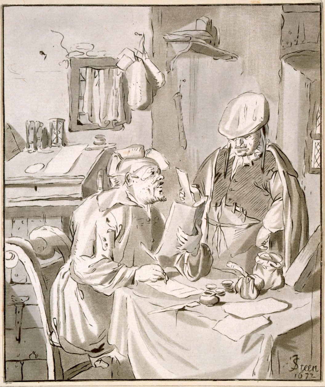 To mænd diskuterer penge på et kontor, 1672, kopieret af Cornelis Ploos van Amstel (1726-98) eller Christian Josi (ca. 1765-1828) af Jan Havickszoon Steen