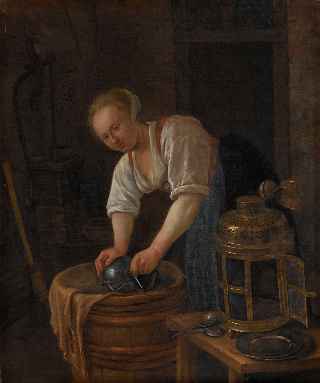 Kvinde skurer metalvarer, 1650-60 af Jan Havickszoon Steen