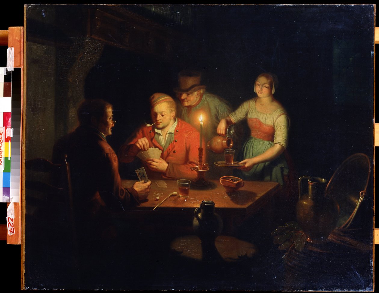 Kortspil. Maleri af Jan Hendrik van Grootveld (1808-1855). Olie på træ, 70 x 93 cm, hollandsk kunst fra 1800-tallet. Far Eastern Museum, Khabarovsk (Rusland). af Jan Hendrick van Grootvelt